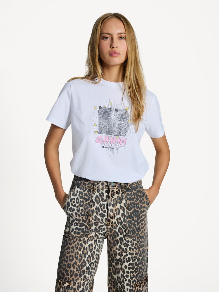 GANNI White Relaxed Kittens Graphic Print T-Shirt - Image 1 of 4