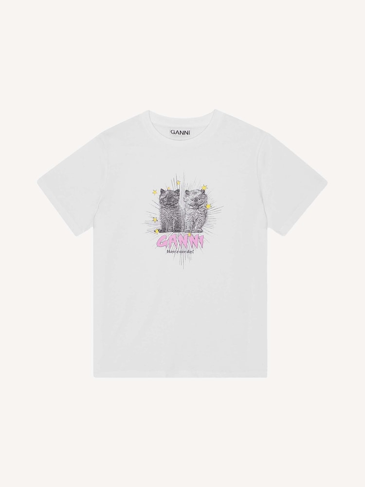 GANNI White Relaxed Kittens Graphic Print T-Shirt - Image 4 of 4