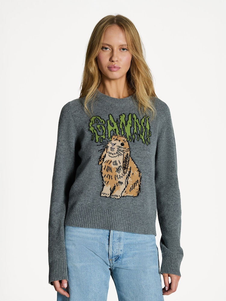 GANNI Grey Graphic Wool Mix Bunny Crew Neck Jumper - Image 1 of 6