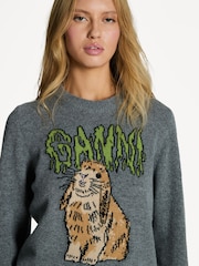 GANNI Grey Graphic Wool Mix Bunny Crew Neck Jumper - Image 5 of 6