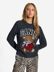 GANNI Grey Graphic Wool Mix Bear Crew Neck Jumper - Image 1 of 4