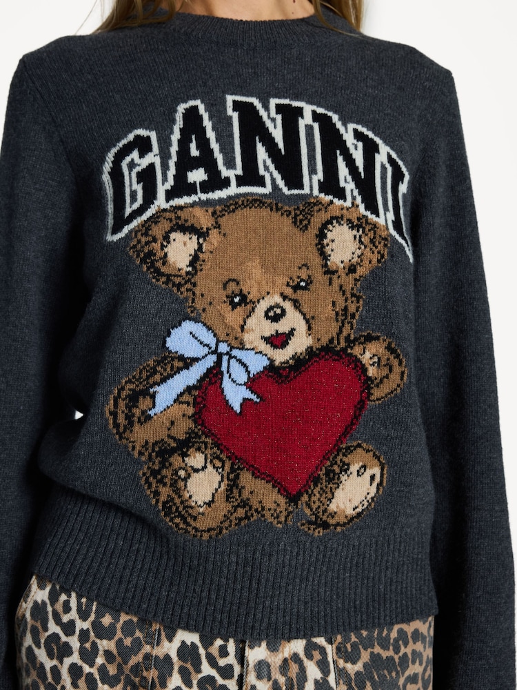 GANNI Grey Graphic Wool Mix Bear Crew Neck Jumper - Image 4 of 4 GANNI Grey Graphic Wool Mix Bear Crew Neck Jumper - Image 4 of 4