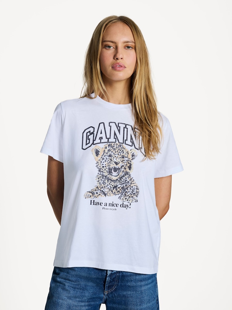 GANNI White Leopard Graphic Relaxed T-Shirt - Image 1 of 3