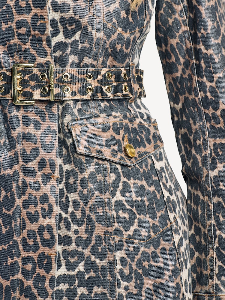Ganni Brown Foil Leopard Print Denim Dress - Image 6 of 6