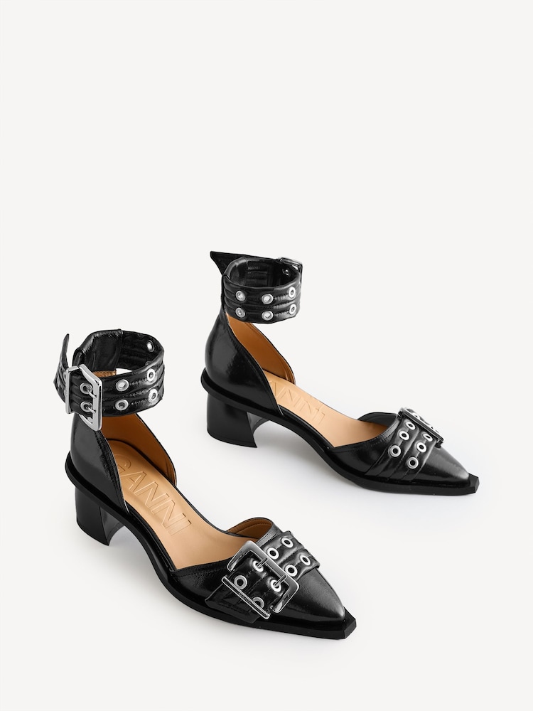 Ganni Black Feminine Buckle Open Cut Naplack Pumps - Image 2 of 5