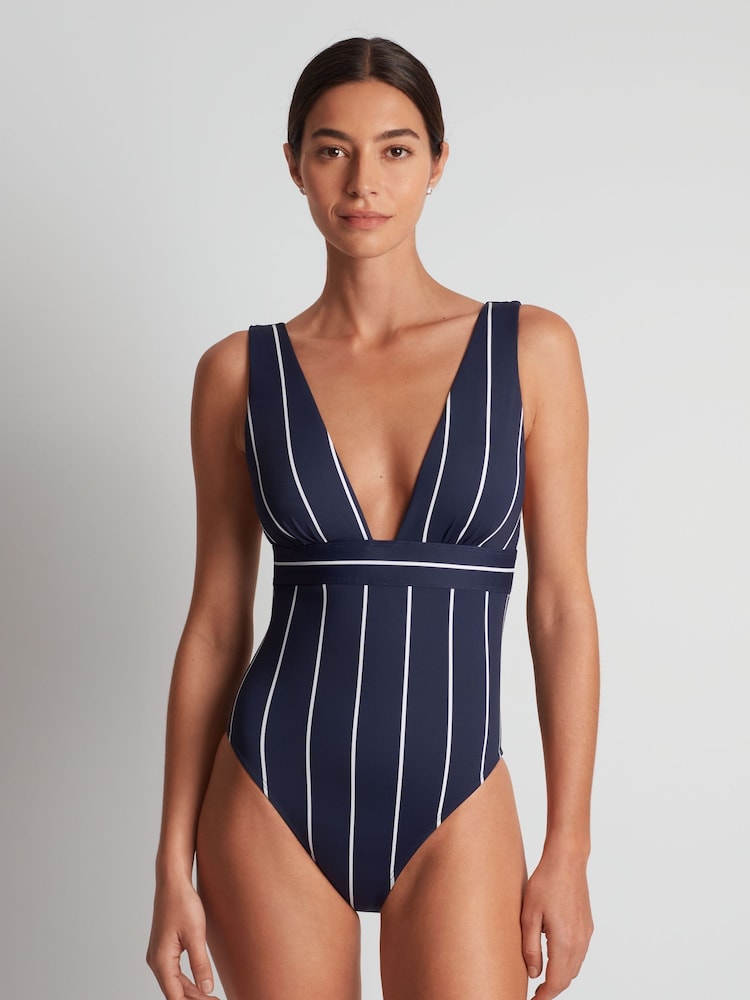 Villa Stripe Banded Modern V-Neck Swimsuit 1 Piece - Image 1 of 4 Villa Stripe Banded Modern V-Neck Swimsuit 1 Piece - Image 1 of 4