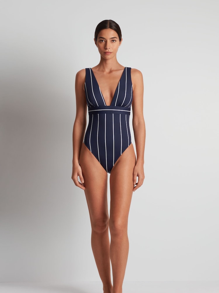 Villa Stripe Banded Modern V-Neck Swimsuit 1 Piece - Image 4 of 4 Villa Stripe Banded Modern V-Neck Swimsuit 1 Piece - Image 4 of 4