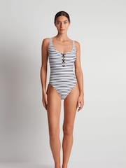 Lauren Ralph Lauren Luxe Stripe Laced Tank Swimsuit 1 Piece - Image 1 of 5