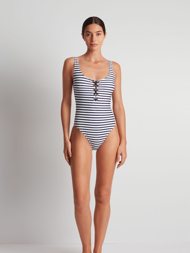 Lauren Ralph Lauren Luxe Stripe Laced Tank Swimsuit 1 Piece - Image 1 of 5 Lauren Ralph Lauren Luxe Stripe Laced Tank Swimsuit 1 Piece - Image 1 of 5