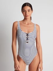 Lauren Ralph Lauren Luxe Stripe Laced Tank Swimsuit 1 Piece - Image 3 of 5