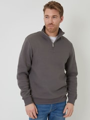 Threadbare Grey Jacquard Textured Quarter Zip Sweatshirt - Image 1 of 5