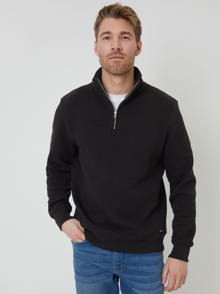 Threadbare Black Jacquard Textured Quarter Zip Sweatshirt - Image 1 of 5