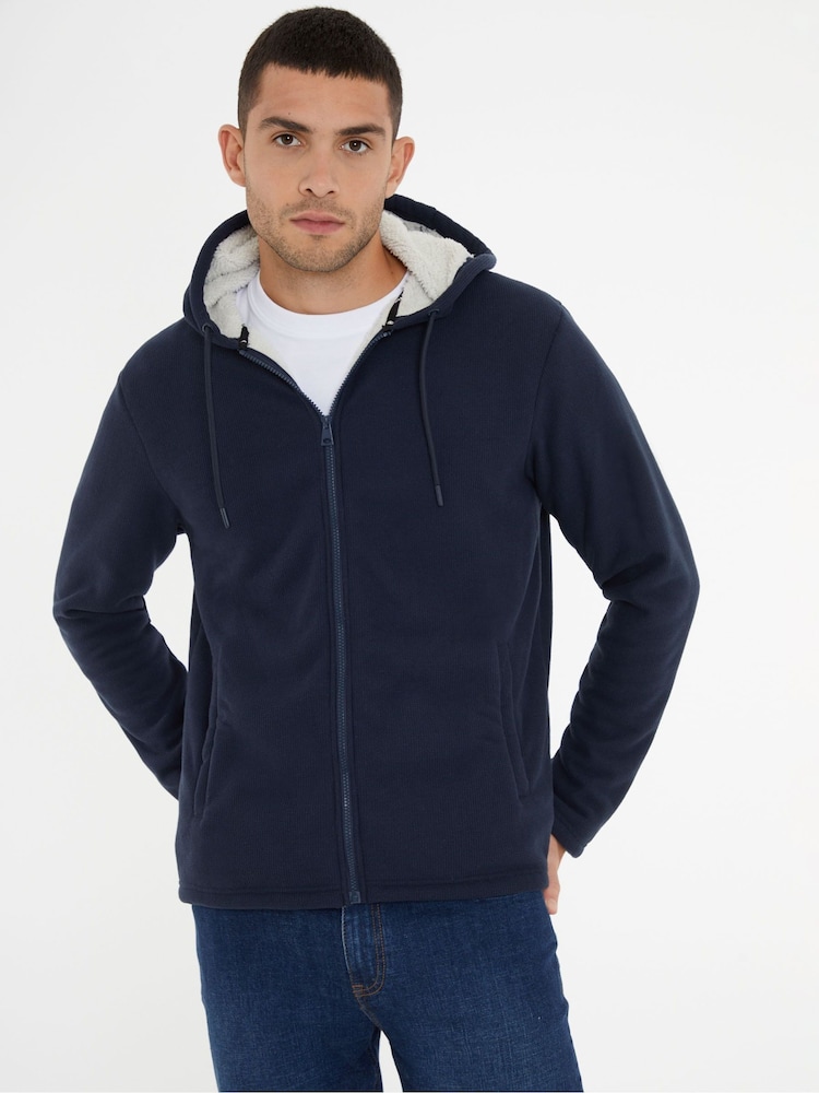 Threadbare Blue Black Waffle Texture Sherpa Lined Zip Up Hoodie - Image 1 of 4