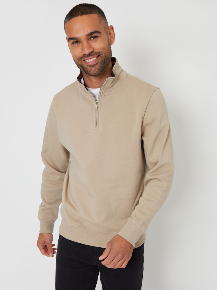 Threadbare Brown Tipping Collar Quarter Zip Sweatshirt - Image 1 of 4