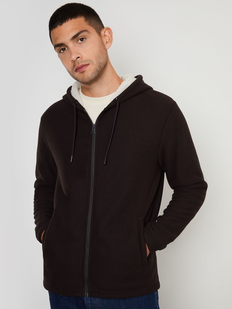 Threadbare Brown Black Waffle Texture Sherpa Lined Zip Up Hoodie - Image 1 of 4