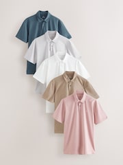 White / Blue / Neutral / Pink / Grey Regular Fit Short Sleeve Jersey Polo Shirts 5 Pack - Image 1 of 8