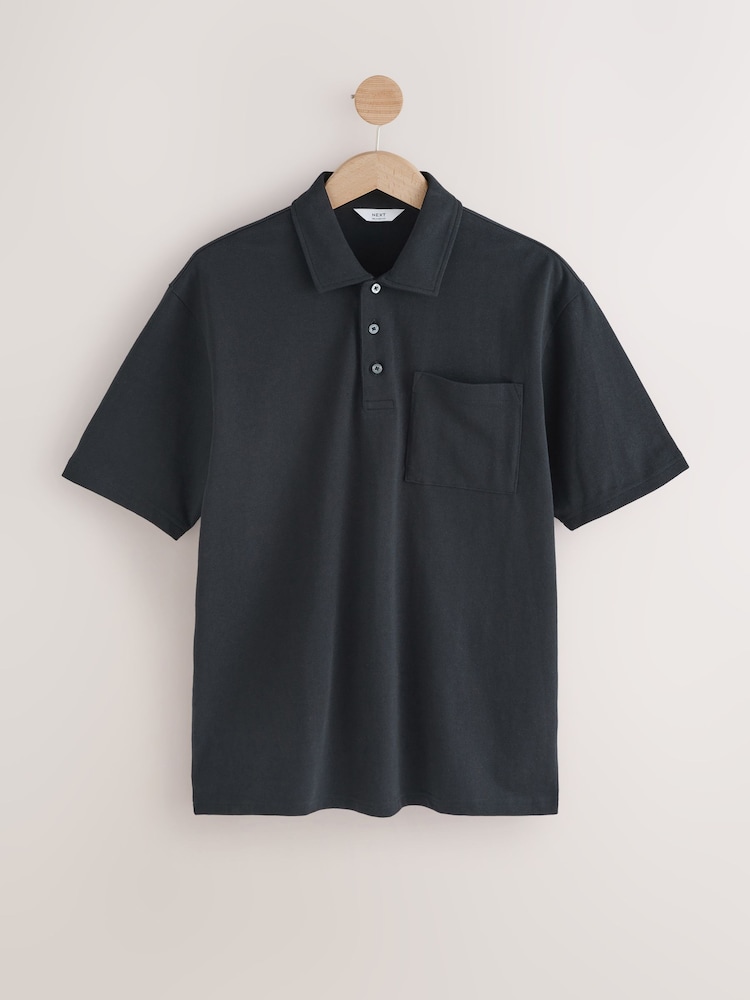 Black Heavyweight Button Neck Polo Shirt - Image 7 of 10