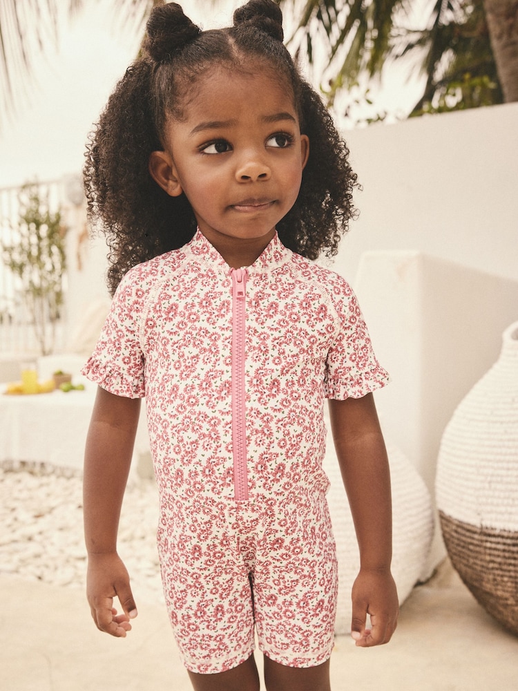 Pink Ditsy Frill Sleeve Sunsafe Swimsuit (3mths-10yrs) - Image 1 of 9