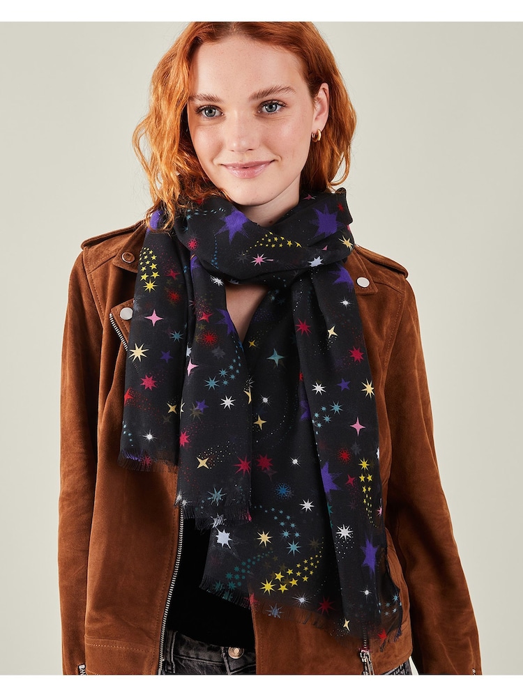 Accessorize Black Multicolour Star Print 100% Cotton Scarf - Image 1 of 3