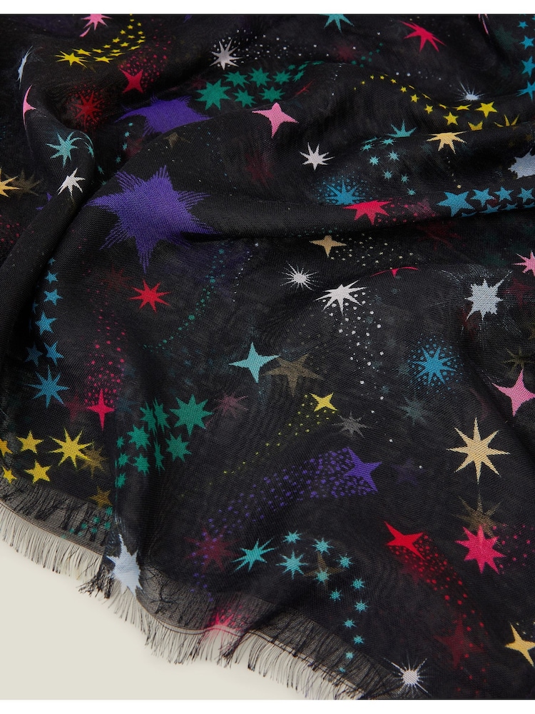 Accessorize Black Multicolour Star Print 100% Cotton Scarf - Image 3 of 3