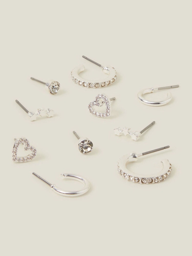 Accessorize Silver Tone Diamante Star Stud and Hoop Earrings 10 Pack - Image 1 of 2