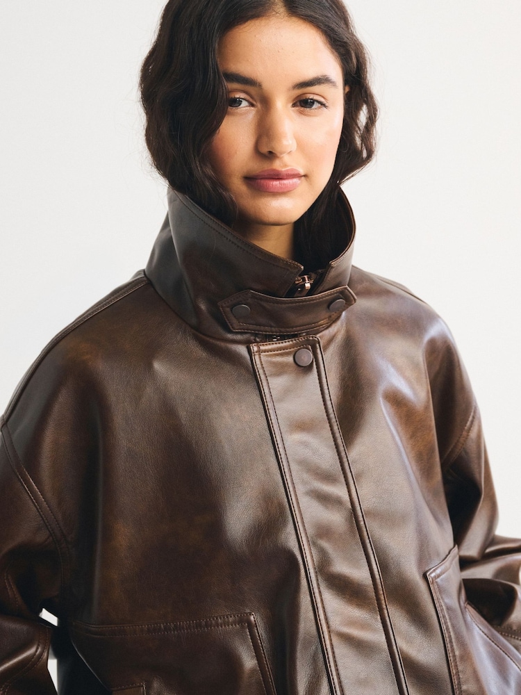 Abercrombie & Fitch Brown Funnel Neck Distressed Bomber Jacket - Image 2 of 10