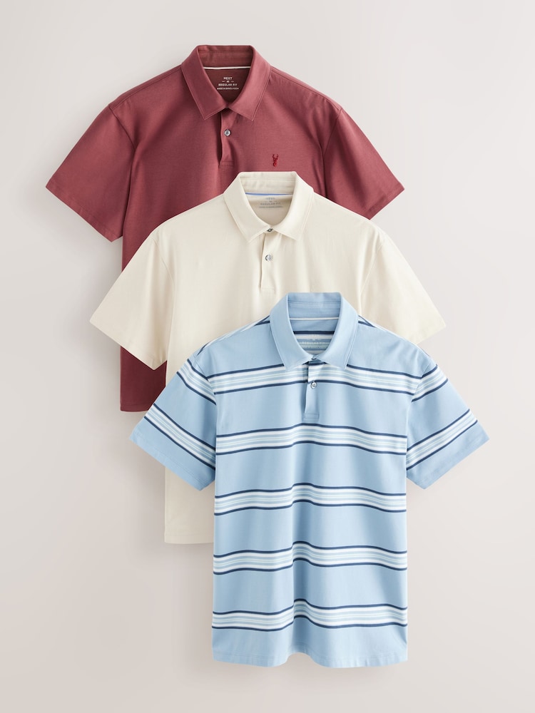 Blue Stripe/Ecru/Red Regular Fit Short Sleeve Jersey Polo Shirts 3 Pack - Image 1 of 12