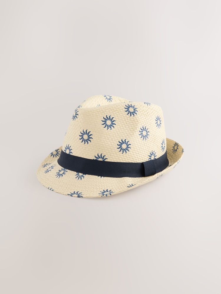 White Woven Sun Print Trilby Hat - Image 1 of 3