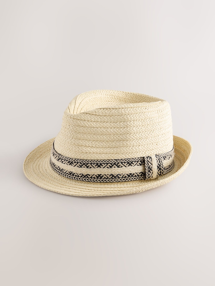 White Straw Ikat Band Trilby Hat - Image 1 of 3