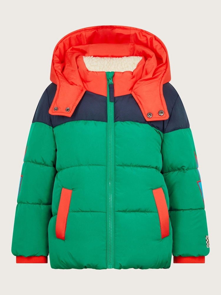Monsoon Green Colourblock Hooded Puffer Jacket - Image 1 of 3