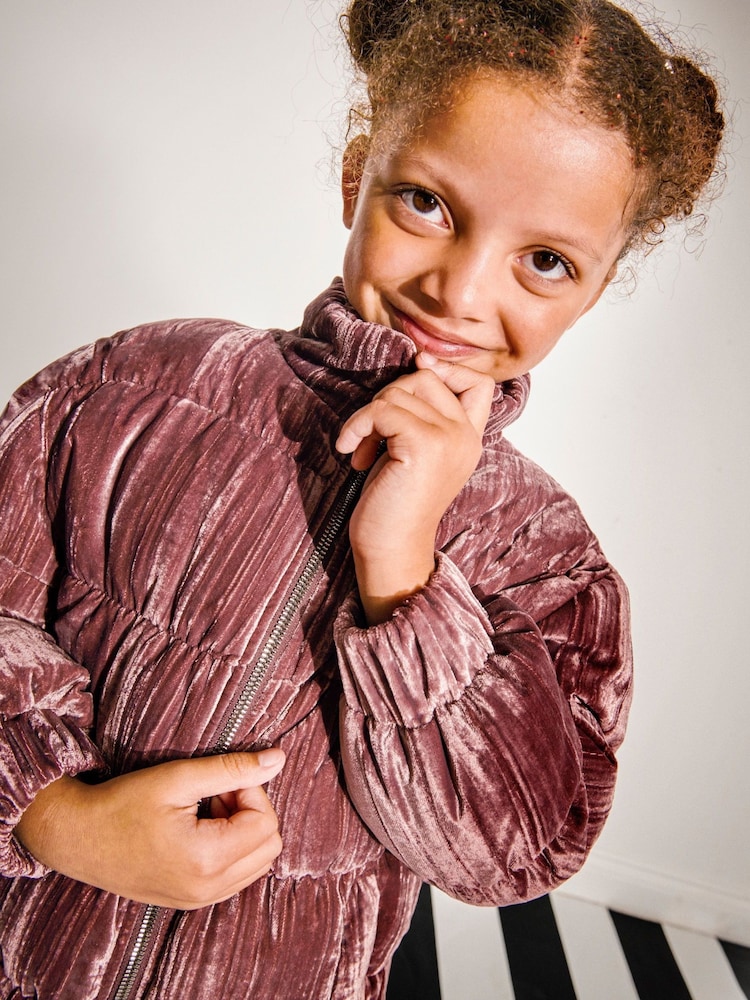 Monsoon Pink Crushed Velvet Puffer Jacket - Image 2 of 4