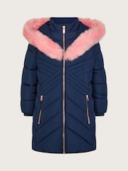 Monsoon Blue Padded Faux Fur Trim Hood Coat - Image 1 of 1