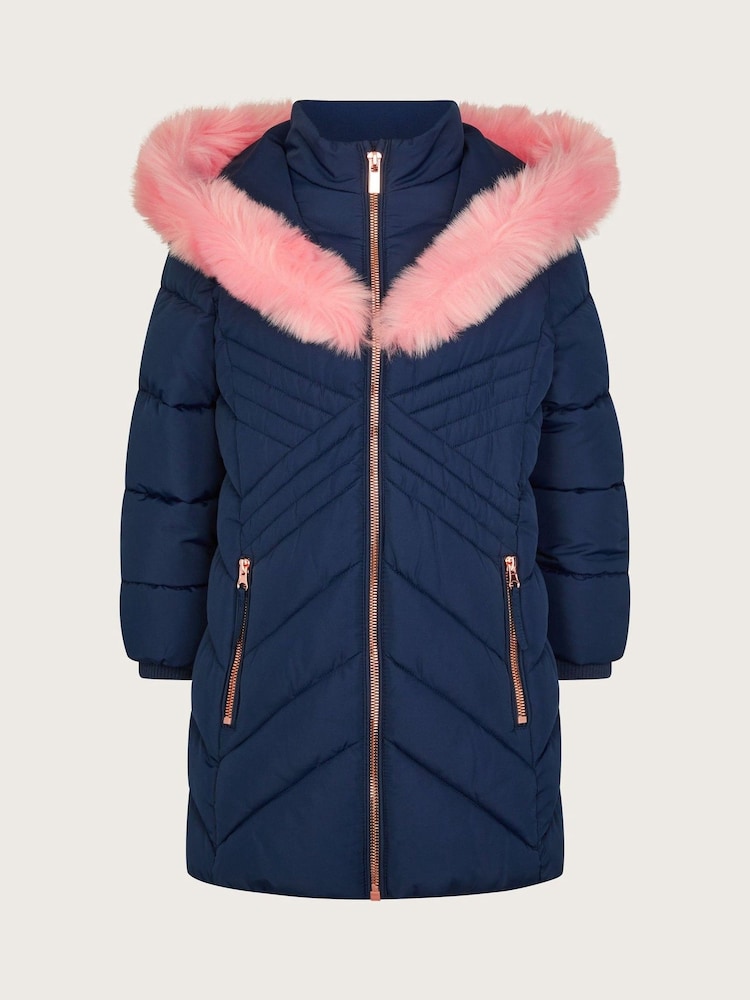 Monsoon Blue Padded Faux Fur Trim Hood Coat - Image 1 of 1