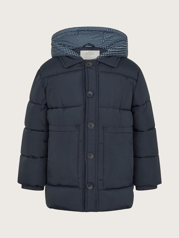Monsoon Blue Houndstooth Hood Puffer Coat - Image 1 of 3