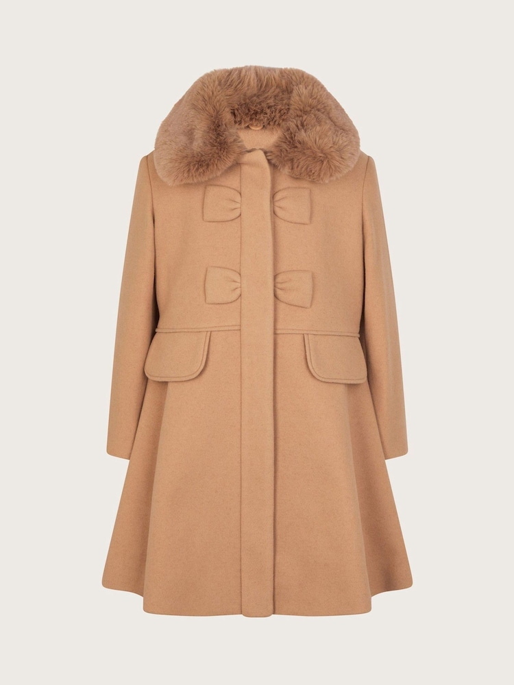 Monsoon Brown Faux Fur Collar Bow Swing Coat - Image 1 of 3