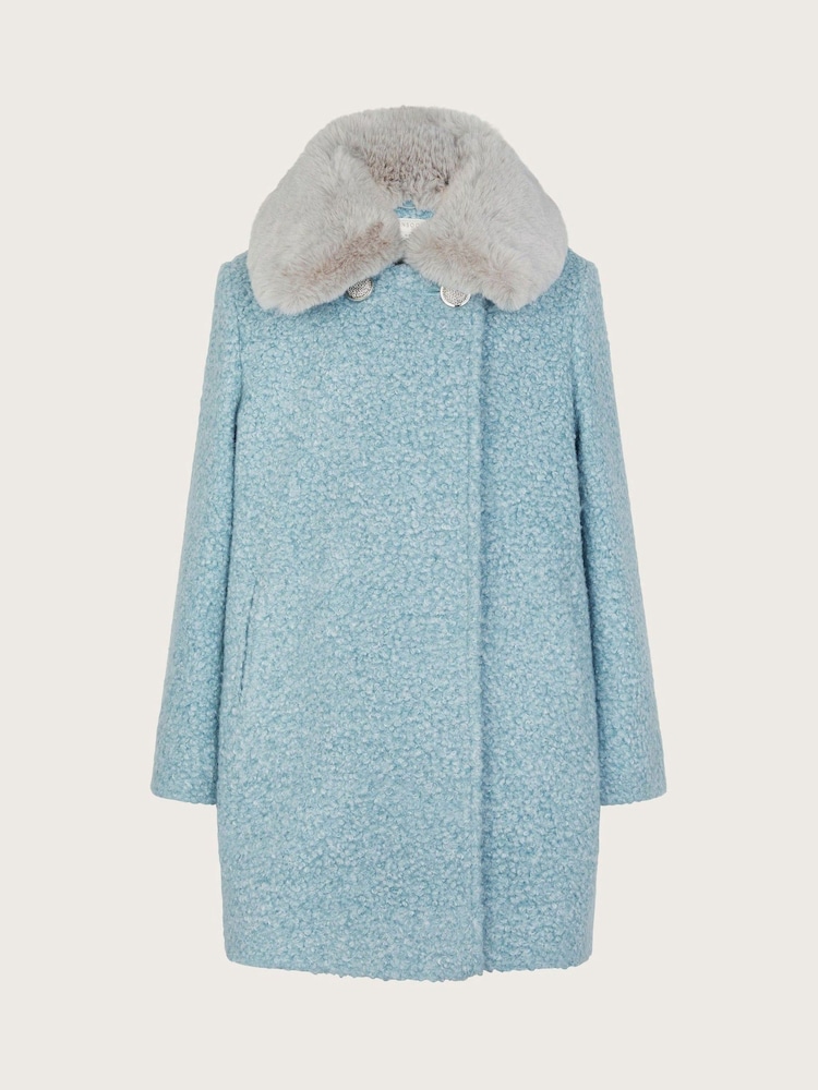 Monsoon Blue Faux Fur Collar Boucle Coat - Image 1 of 3