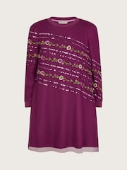 Monsoon Burgundy Red Floral Embellished Mesh Jersey Dress - Image 1 of 3
