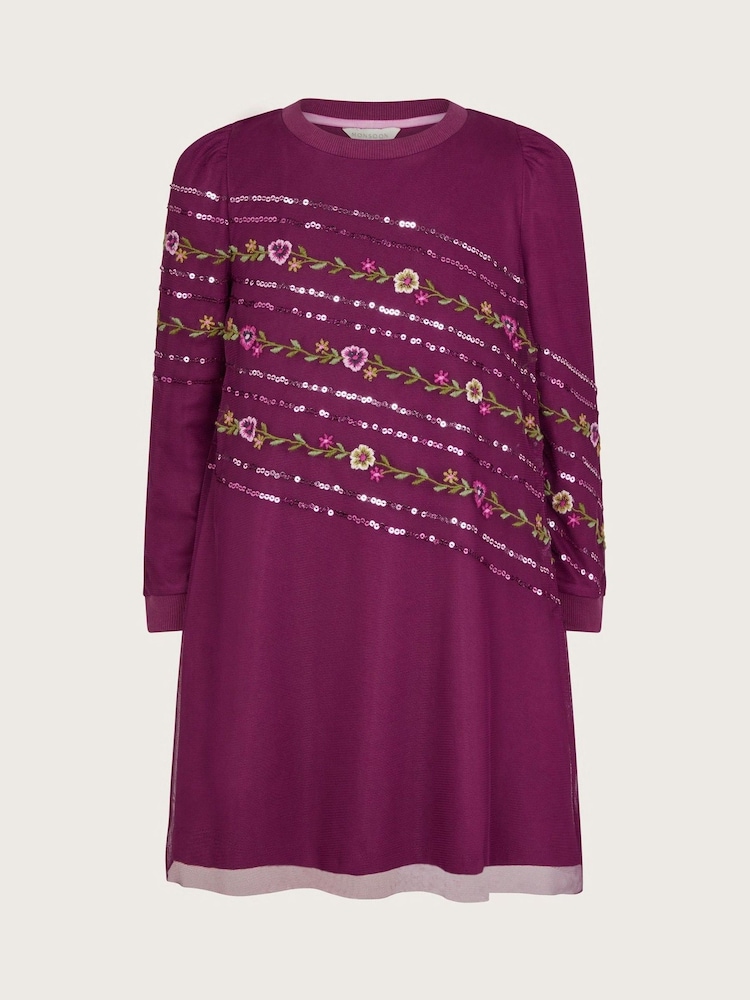 Monsoon Burgundy Red Floral Embellished Mesh Jersey Dress - Image 1 of 3