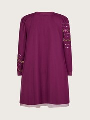 Monsoon Burgundy Red Floral Embellished Mesh Jersey Dress - Image 2 of 3
