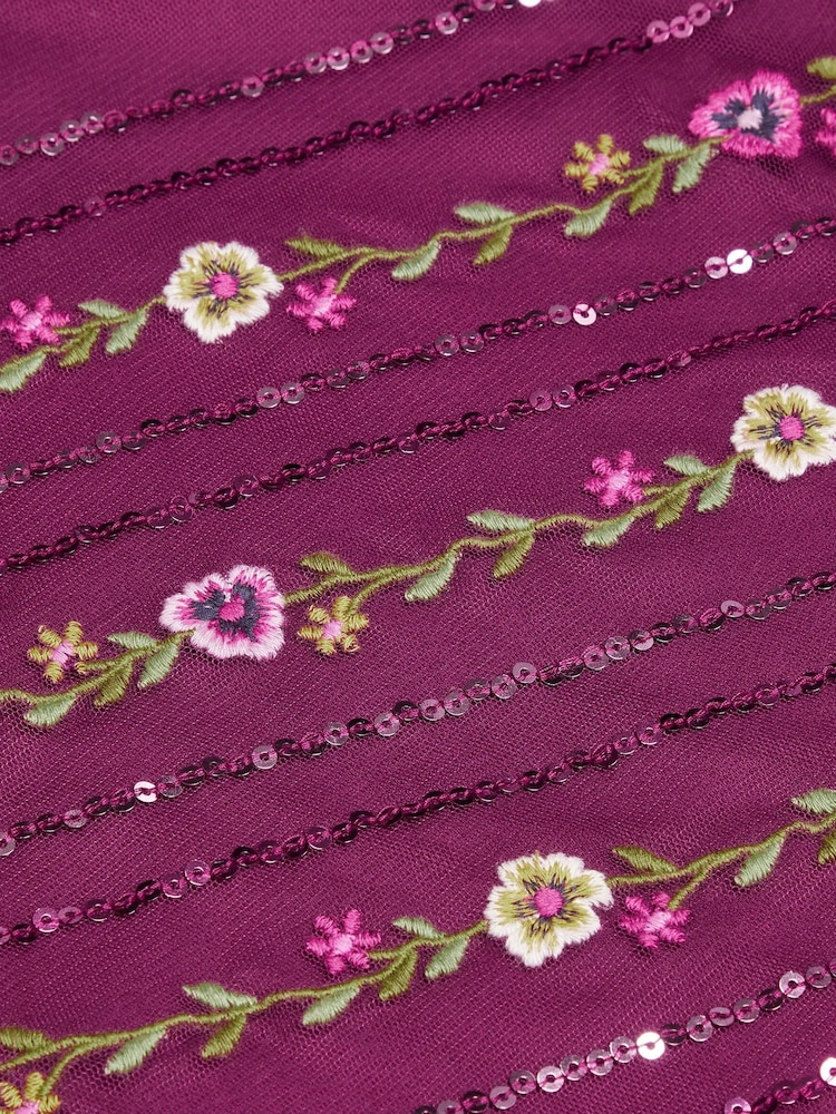 Monsoon Burgundy Red Floral Embellished Mesh Jersey Dress - Image 3 of 3