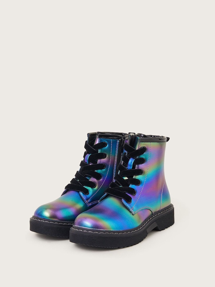 Monsoon Blue Metallic Rainbow Lace-Up Boots - Image 1 of 3 Monsoon Blue Metallic Rainbow Lace-Up Boots - Image 1 of 3
