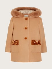 Monsoon Brown Baby Velvet Contrast Hooded Coat - Image 1 of 6