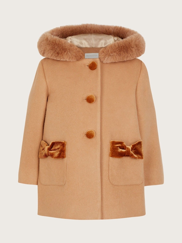 Monsoon Brown Baby Velvet Contrast Hooded Coat - Image 1 of 6