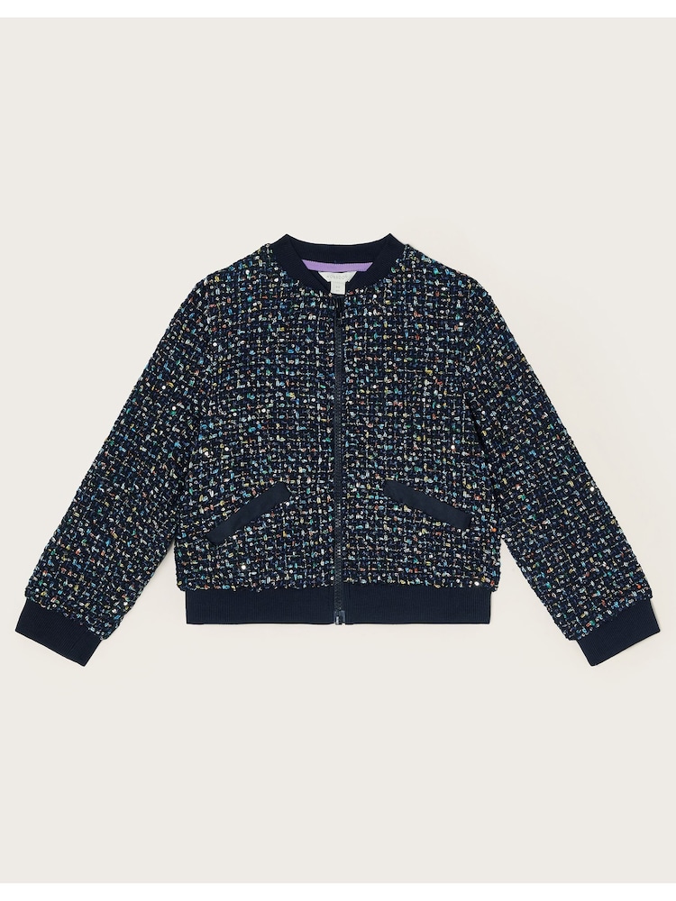 Monsoon Blue Sparkle Tweed Bomber Jacket - Image 1 of 5