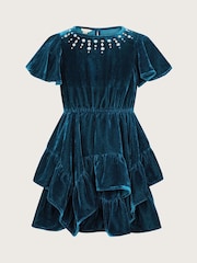 Monsoon Blue Gemstone Velvet Ruffle Dress - Image 1 of 3