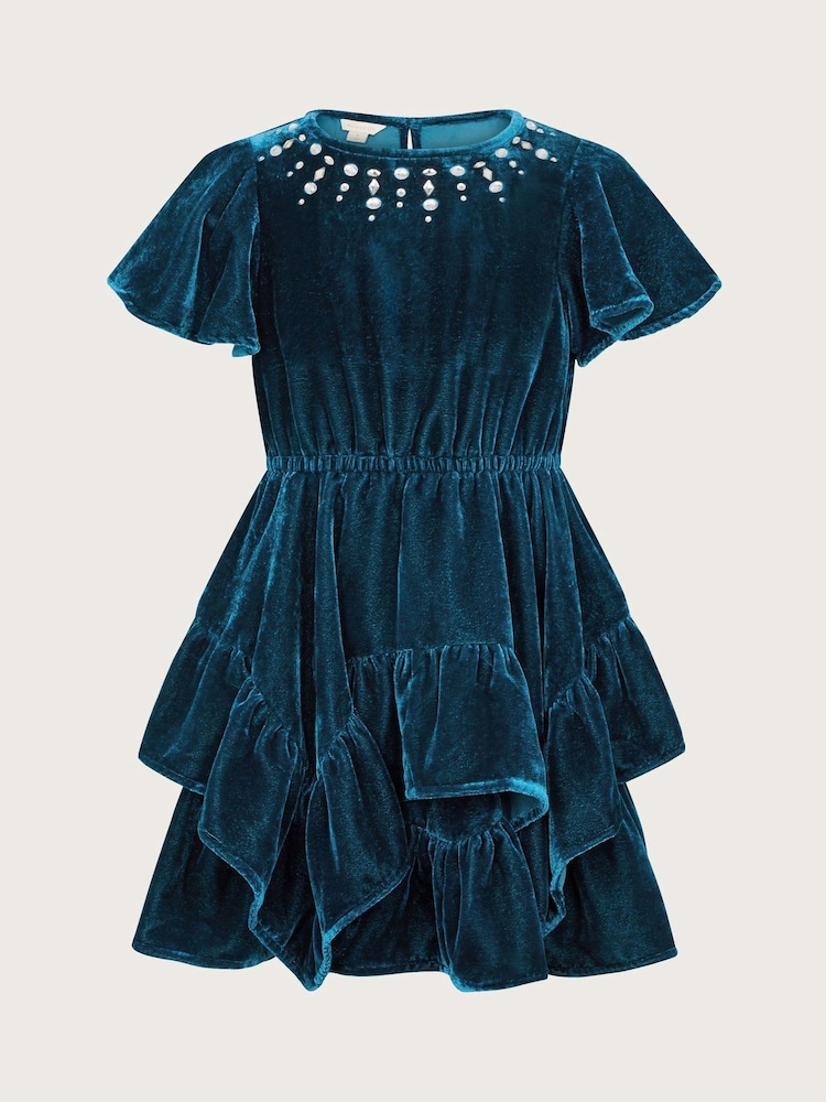 Monsoon Blue Gemstone Velvet Ruffle Dress - Image 1 of 3