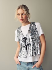Silver Tie Front Sequin Waistcoat - Image 1 of 6