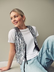 Silver Tie Front Sequin Waistcoat - Image 3 of 6