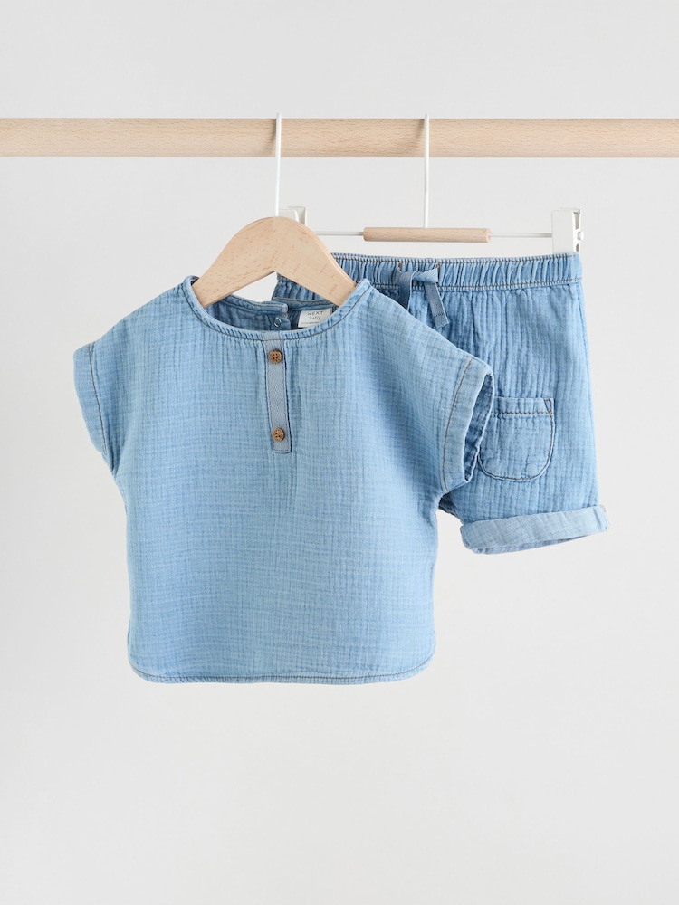 Denim Blue Top and Shorts Baby Set (0mths-3yrs) - Image 1 of 15 Denim Blue Top and Shorts Baby Set (0mths-3yrs) - Image 1 of 15