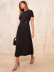 Friends Like These Black Petite Tab Detail Short Sleeve Midi Tailored Dress - Image 1 of 4